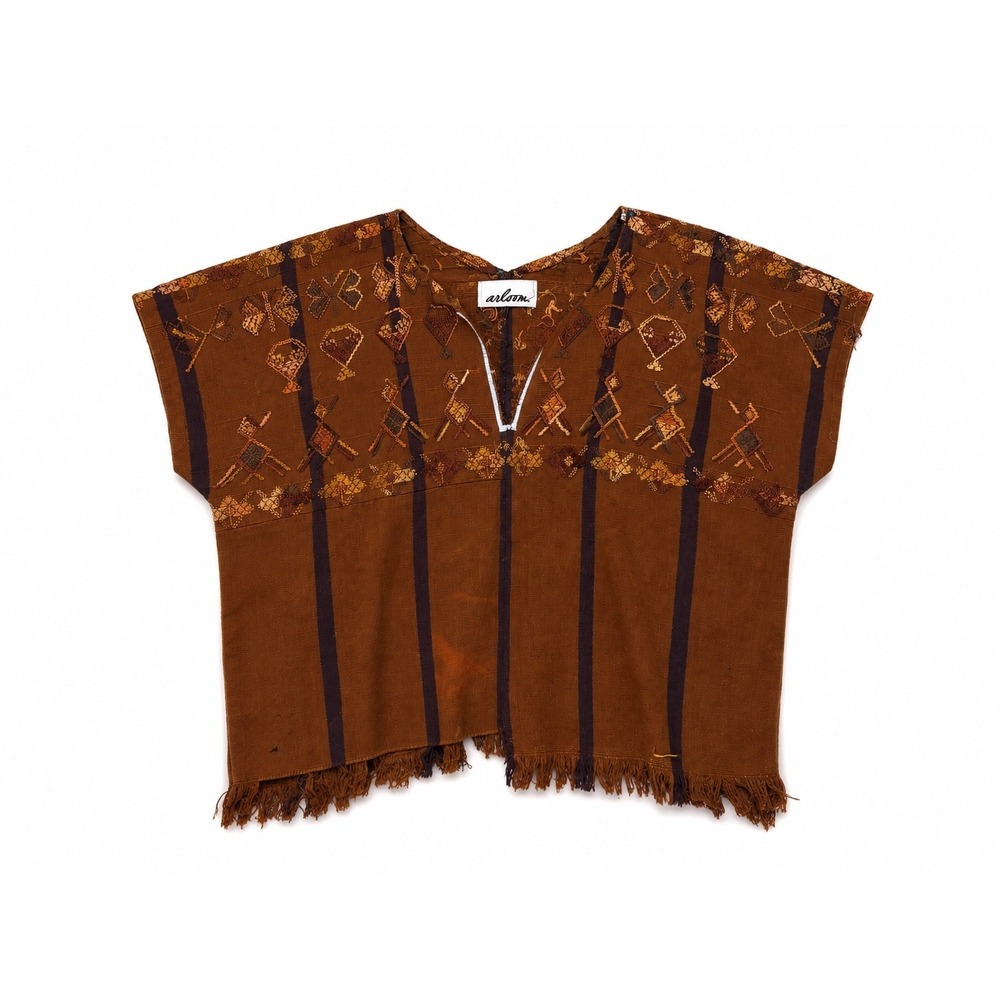 Arloom Huipil Embroidered Boho Top Brown Cotton Fringe Artisanal Medium